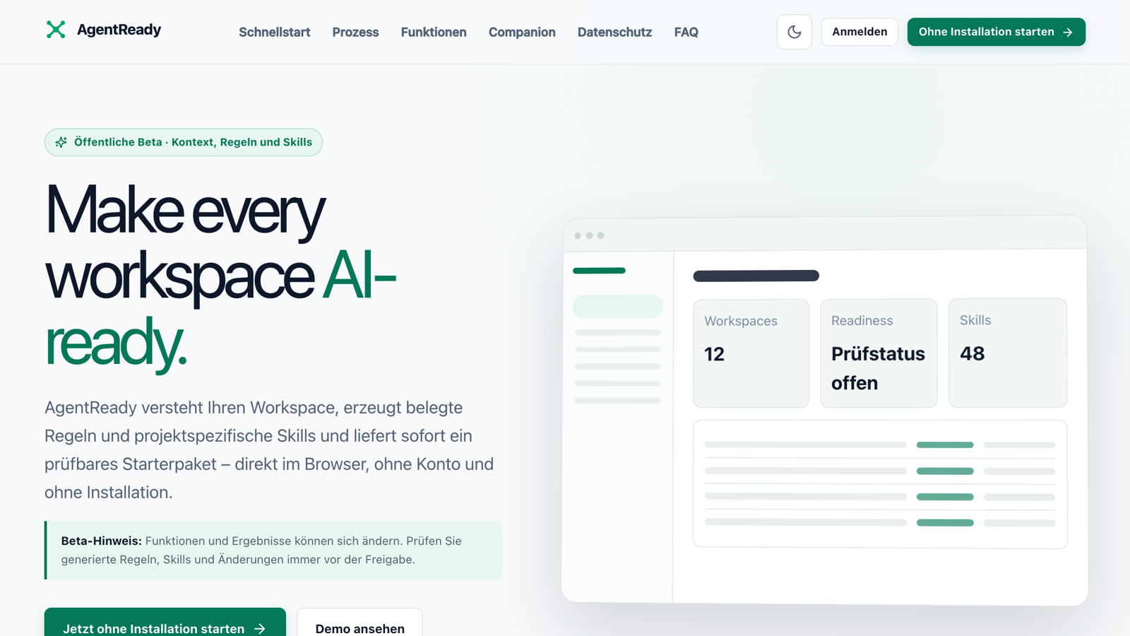 Öffentliche AgentReady-Startseite mit Workspace-Analyse und AI-ready Workflow