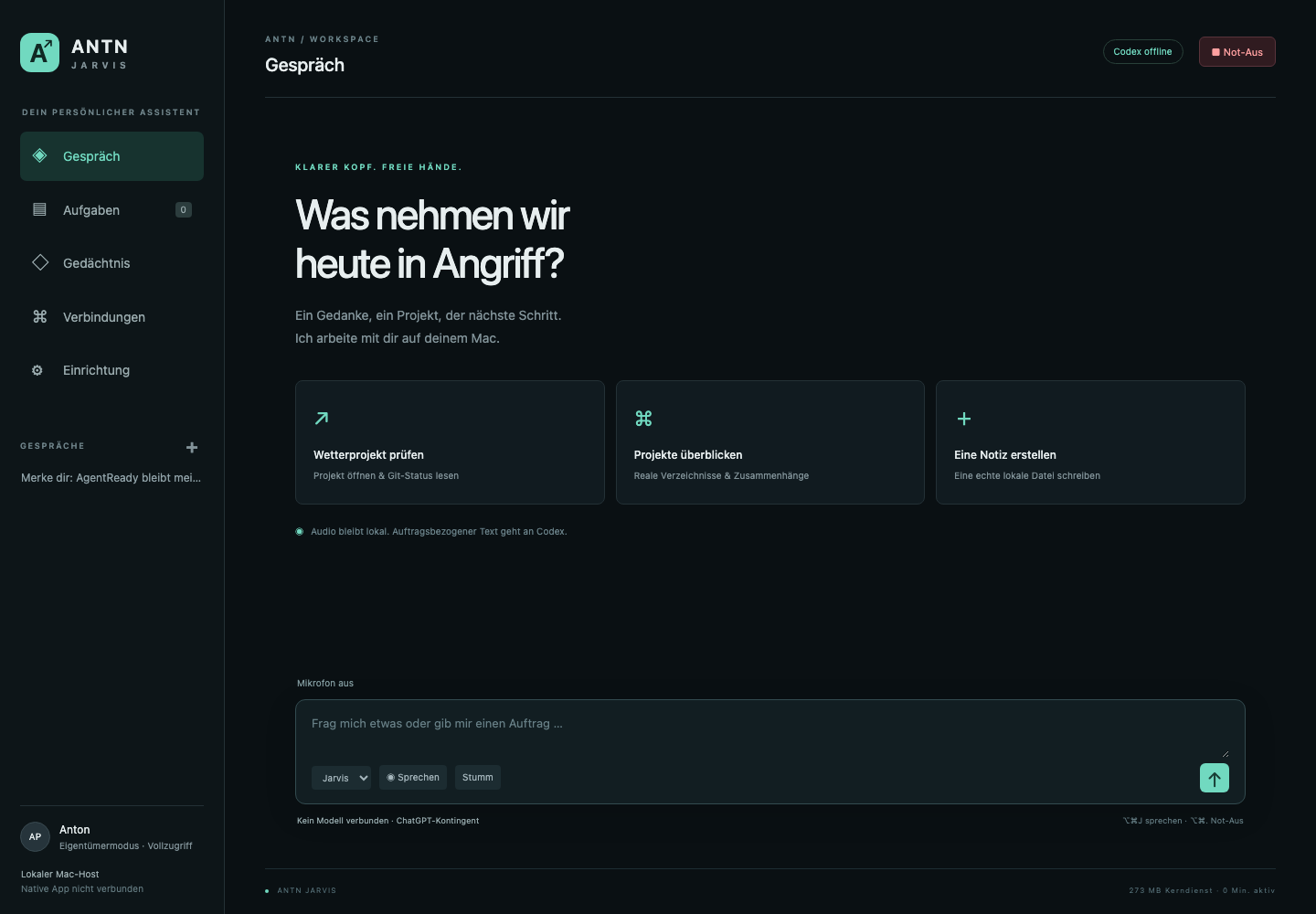 ANTN Jarvis mit Gesprächsansicht, Aufgaben, Gedächtnis und lokalen Mac-Aktionen