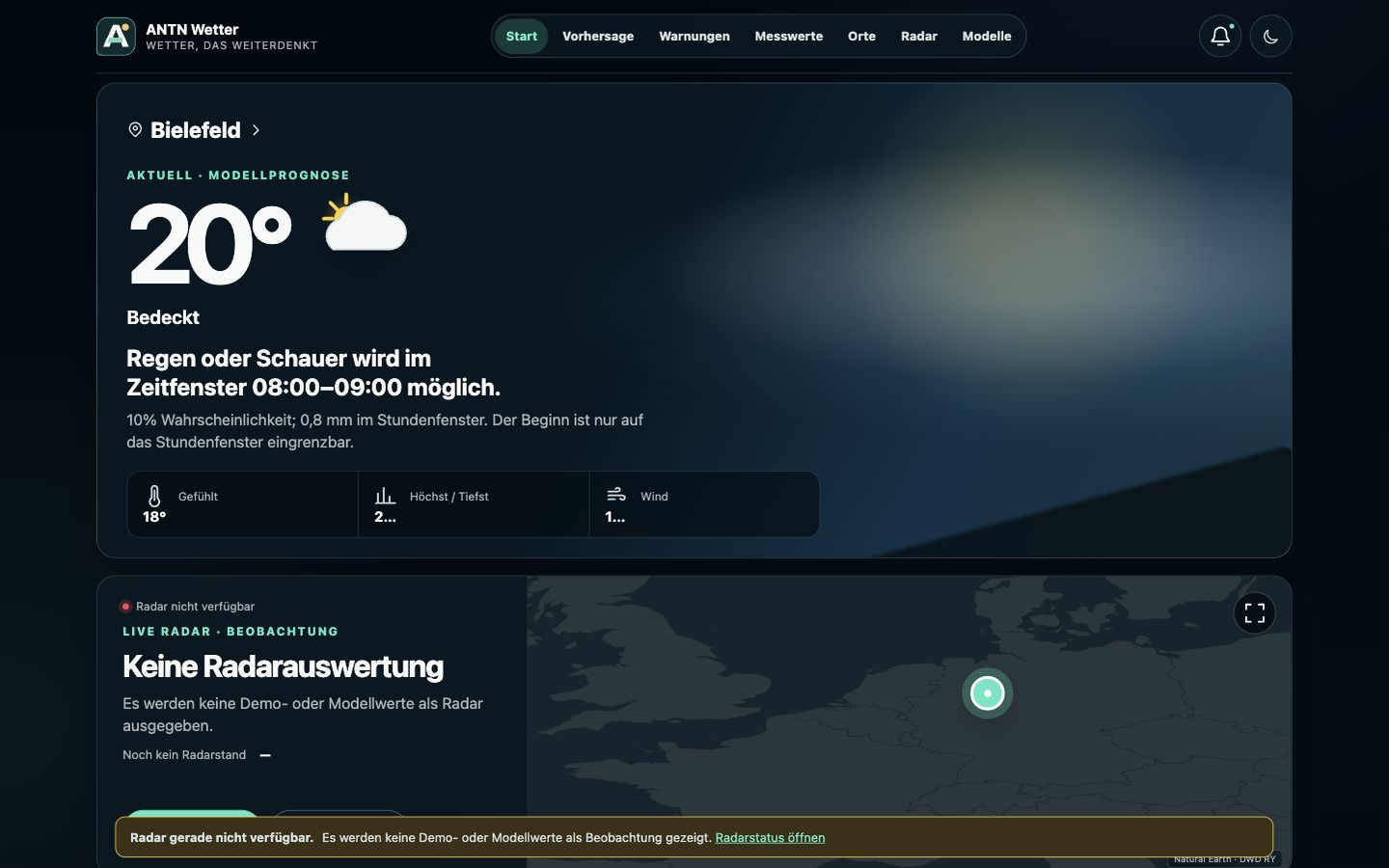 ANTN Wetter mit aktueller Prognose für Bielefeld und Radarbereich