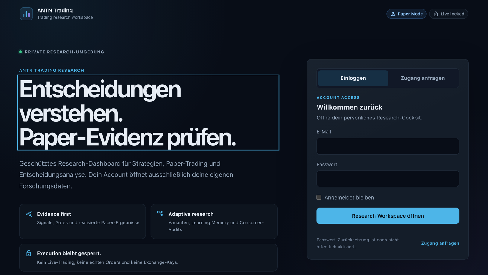 Geschützte Anmeldeseite von ANTN Trading Research mit Paper-Mode-Hinweis