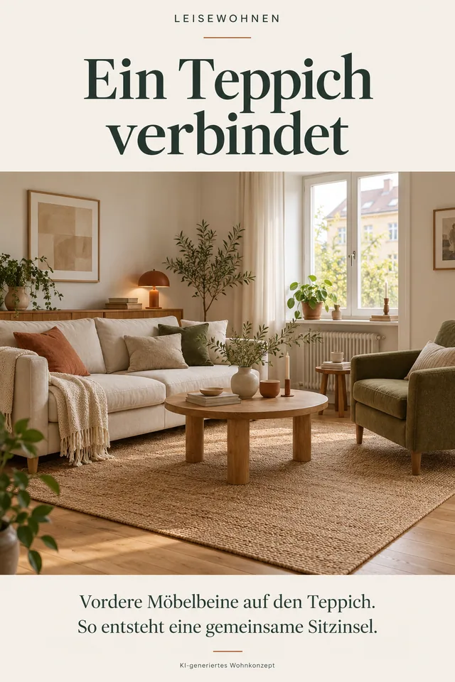 KI-generiertes Einrichtungskonzept: Ein Teppich verbindet. Vordere Möbelbeine auf den Teppich. So entsteht eine gemeinsame Sitzinsel.