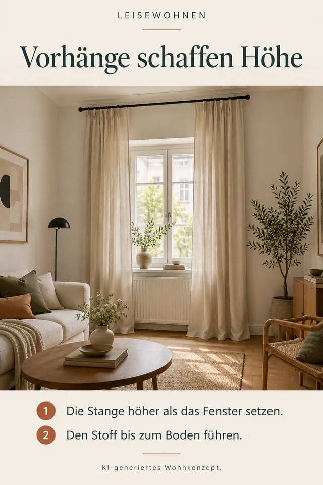 KI-generiertes Einrichtungskonzept: Vorhänge schaffen Höhe. Die Stange höher als das Fenster setzen. Den Stoff bis zum Boden führen.