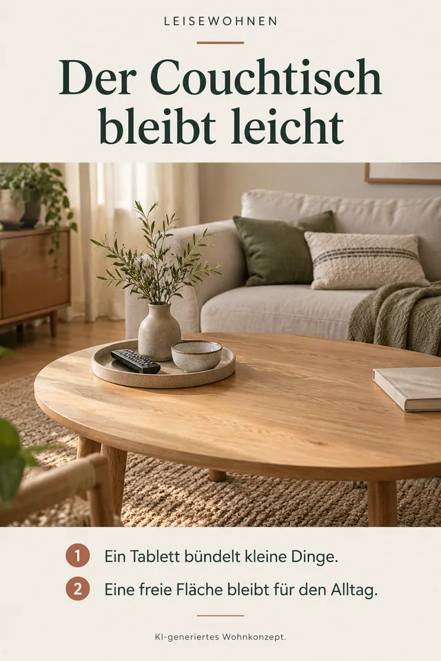 KI-generiertes Einrichtungskonzept: Der Couchtisch bleibt leicht. Ein Tablett bündelt kleine Dinge. Eine freie Fläche bleibt für den Alltag.