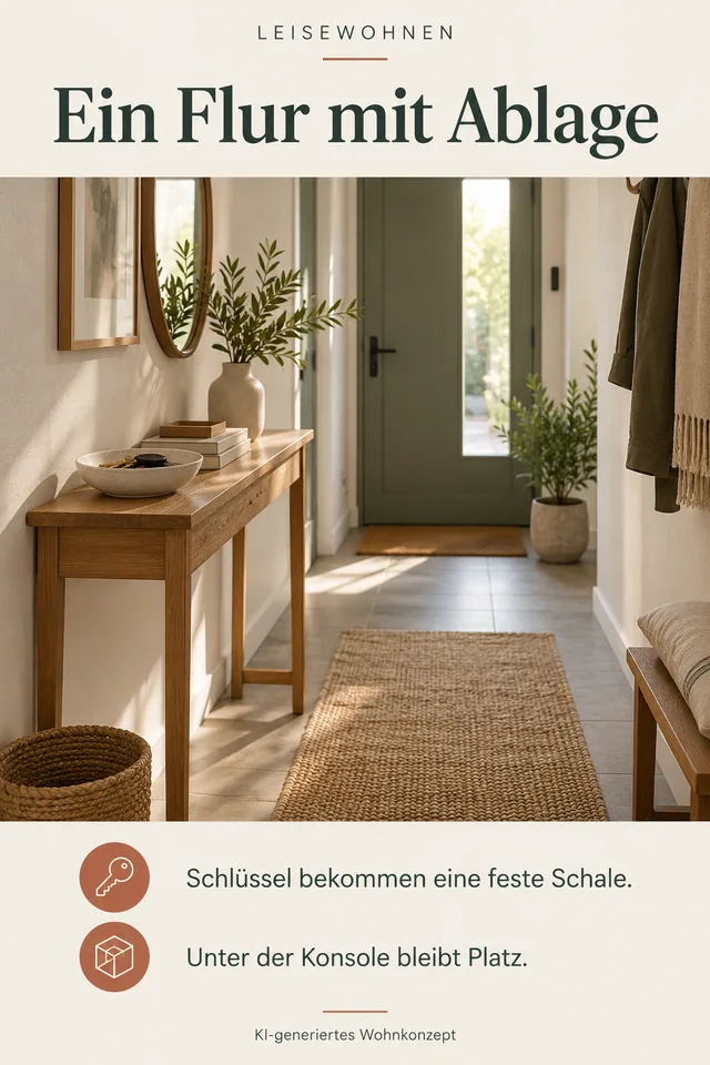 KI-generiertes Einrichtungskonzept: Ein Flur mit Ablage. Schlüssel bekommen eine feste Schale. Unter der Konsole bleibt Platz.