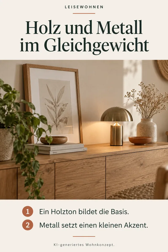 KI-generiertes Einrichtungskonzept: Holz und Metall im Gleichgewicht. Ein Holzton bildet die Basis. Metall setzt einen kleinen Akzent.