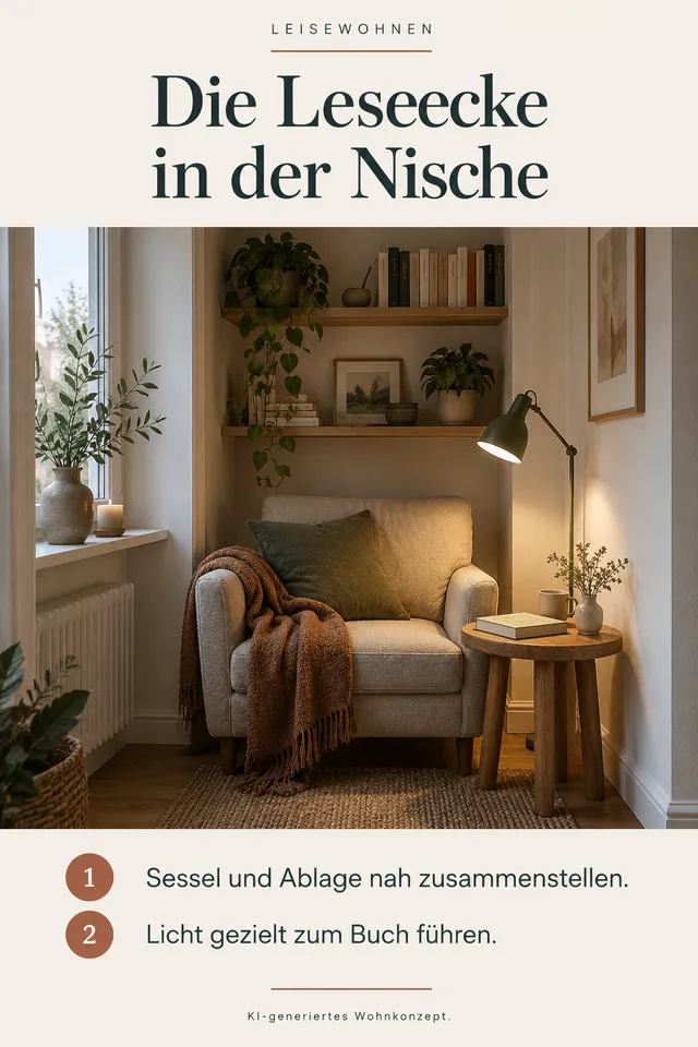 KI-generiertes Einrichtungskonzept: Die Leseecke in der Nische. Sessel und Ablage nah zusammenstellen. Licht gezielt zum Buch führen.