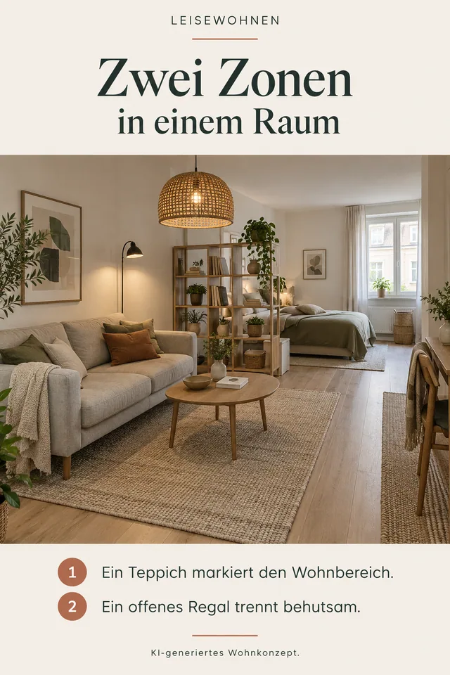 KI-generiertes Einrichtungskonzept: Zwei Zonen in einem Raum. Ein Teppich markiert den Wohnbereich. Ein offenes Regal trennt behutsam.