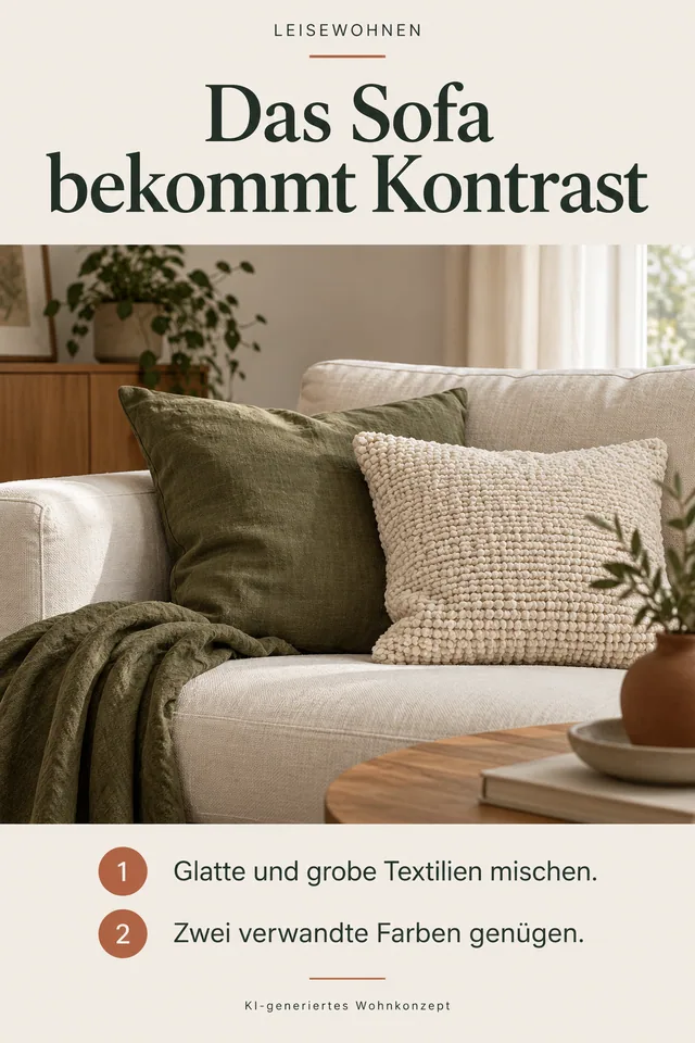 KI-generiertes Einrichtungskonzept: Das Sofa bekommt Kontrast. Glatte und grobe Textilien mischen. Zwei verwandte Farben genügen.