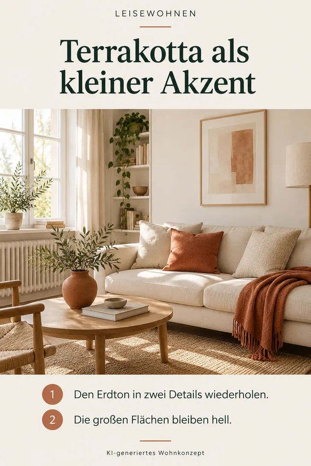 KI-generiertes Einrichtungskonzept: Terrakotta als kleiner Akzent. Den Erdton in zwei Details wiederholen. Die großen Flächen bleiben hell.