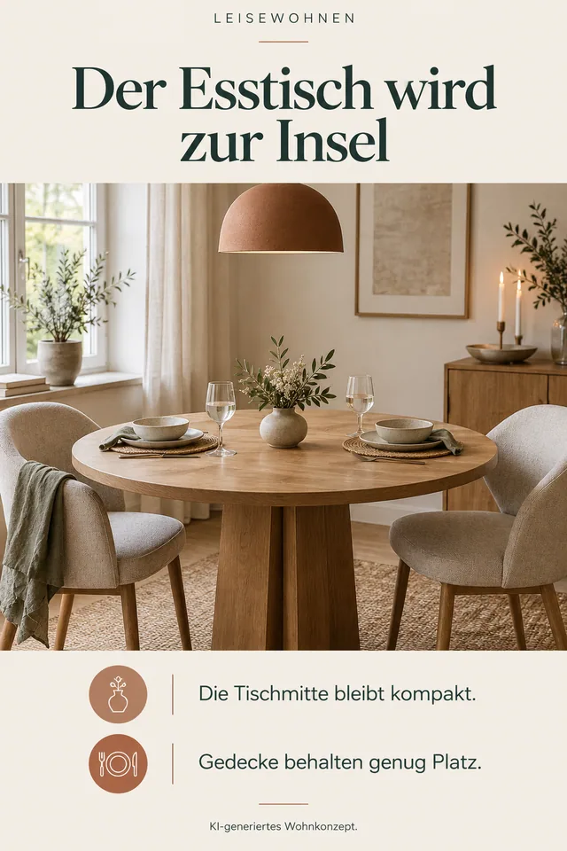 KI-generiertes Einrichtungskonzept: Der Esstisch wird zur Insel. Die Tischmitte bleibt kompakt. Gedecke behalten genug Platz.