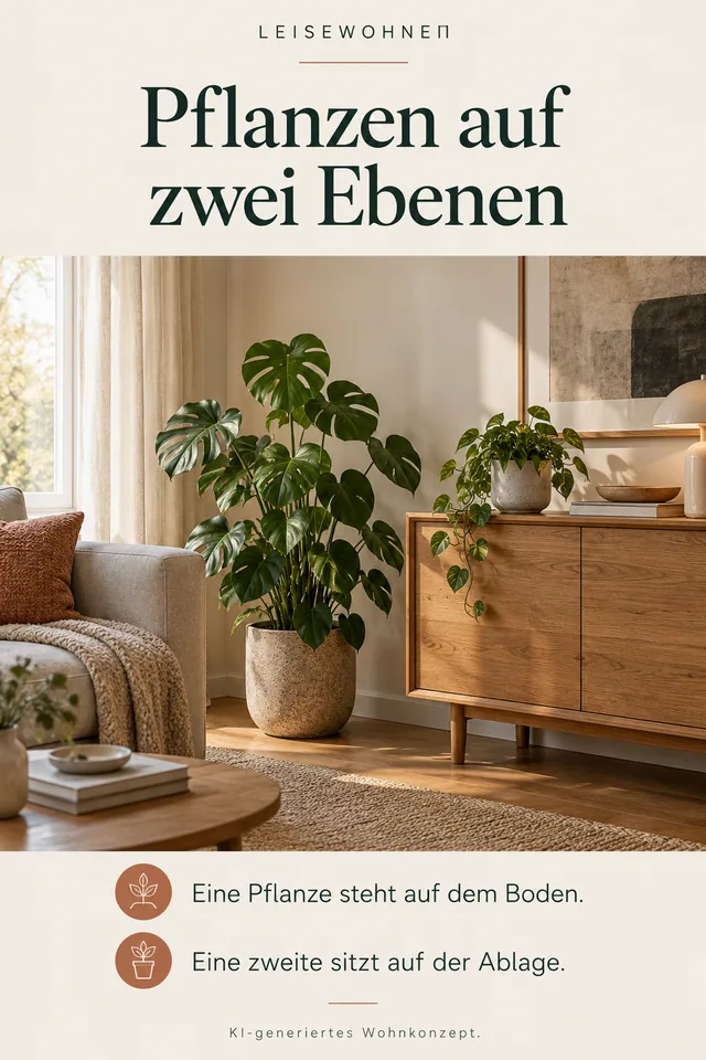 KI-generiertes Einrichtungskonzept: Pflanzen auf zwei Ebenen. Eine Pflanze steht auf dem Boden. Eine zweite sitzt auf der Ablage.