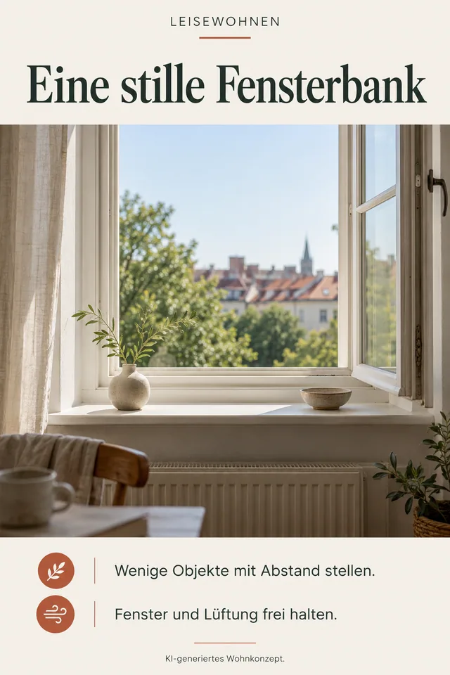 KI-generiertes Einrichtungskonzept: Eine stille Fensterbank. Wenige Objekte mit Abstand stellen. Fenster und Lüftung frei halten.