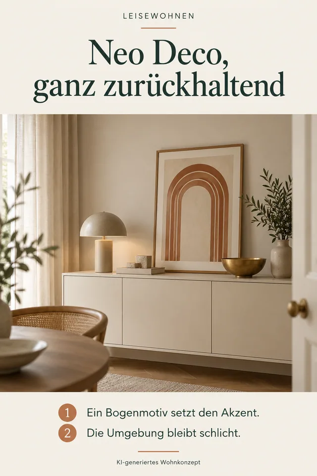 KI-generiertes Einrichtungskonzept: Neo Deco, ganz zurückhaltend. Ein Bogenmotiv setzt den Akzent. Die Umgebung bleibt schlicht.