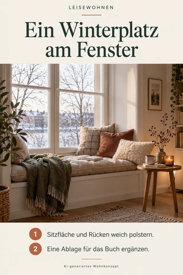 KI-generiertes Einrichtungskonzept: Ein Winterplatz am Fenster. Sitzfläche und Rücken weich polstern. Eine Ablage für das Buch ergänzen.