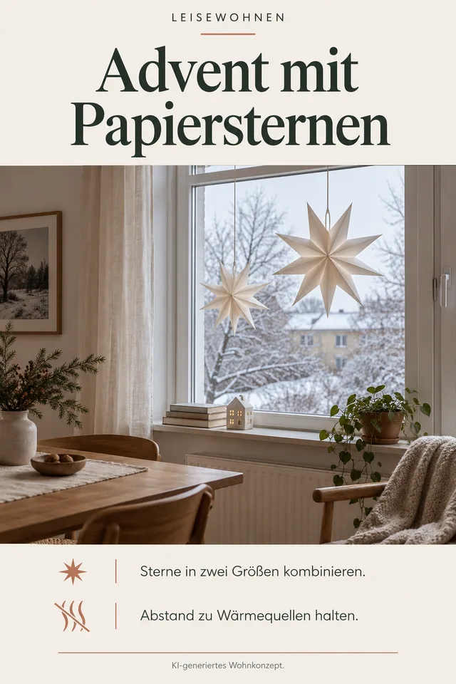 KI-generiertes Einrichtungskonzept: Advent mit Papiersternen. Sterne in zwei Größen kombinieren. Abstand zu Wärmequellen halten.