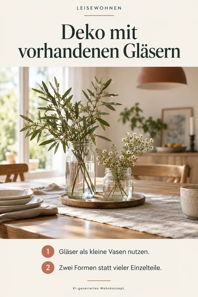 KI-generiertes Einrichtungskonzept: Deko mit vorhandenen Gläsern. Gläser als kleine Vasen nutzen. Zwei Formen statt vieler Einzelteile.