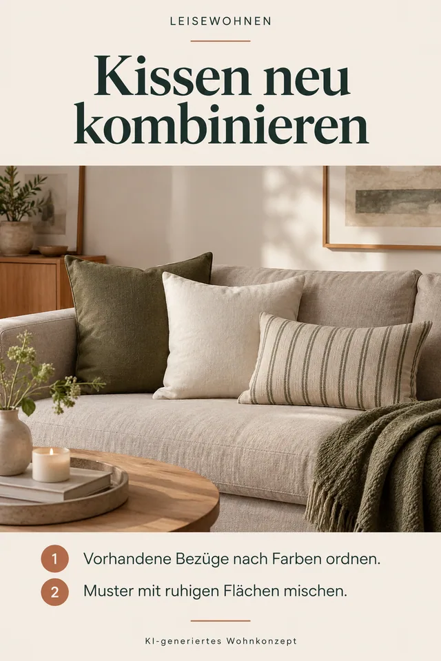 KI-generiertes Einrichtungskonzept: Kissen neu kombinieren. Vorhandene Bezüge nach Farben ordnen. Muster mit ruhigen Flächen mischen.