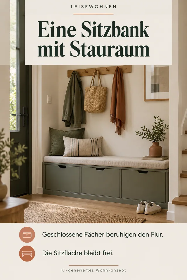 KI-generiertes Einrichtungskonzept: Eine Sitzbank mit Stauraum. Geschlossene Fächer beruhigen den Flur. Die Sitzfläche bleibt frei.