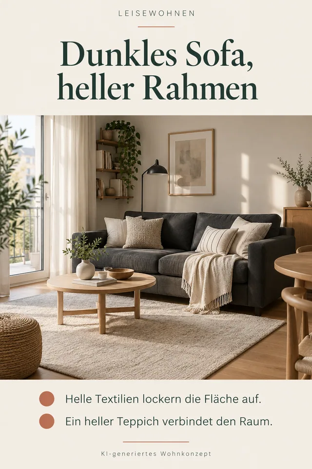 KI-generiertes Einrichtungskonzept: Dunkles Sofa, heller Rahmen. Helle Textilien lockern die Fläche auf. Ein heller Teppich verbindet den Raum.