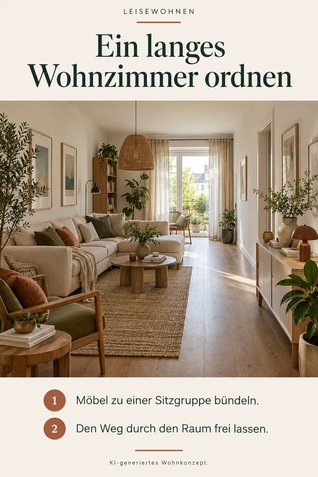 KI-generiertes Einrichtungskonzept: Ein langes Wohnzimmer ordnen. Möbel zu einer Sitzgruppe bündeln. Den Weg durch den Raum frei lassen.