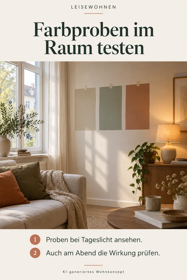 KI-generiertes Einrichtungskonzept: Farbproben im Raum testen. Proben bei Tageslicht ansehen. Auch am Abend die Wirkung prüfen.