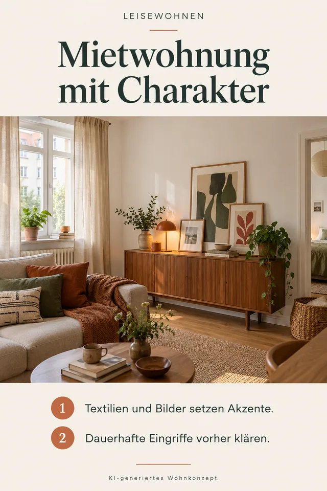 KI-generiertes Einrichtungskonzept: Mietwohnung mit Charakter. Textilien und Bilder setzen Akzente. Dauerhafte Eingriffe vorher klären.