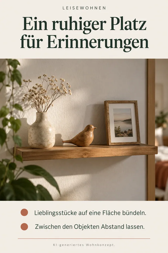 KI-generiertes Einrichtungskonzept: Ein ruhiger Platz für Erinnerungen. Lieblingsstücke auf eine Fläche bündeln. Zwischen den Objekten Abstand lassen.