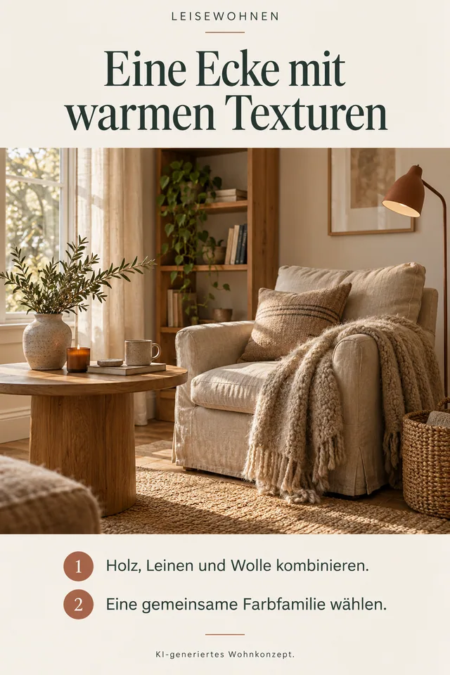 KI-generiertes Einrichtungskonzept: Eine Ecke mit warmen Texturen. Holz, Leinen und Wolle kombinieren. Eine gemeinsame Farbfamilie wählen.