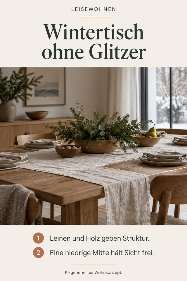 KI-generiertes Einrichtungskonzept: Wintertisch ohne Glitzer. Leinen und Holz geben Struktur. Eine niedrige Mitte hält Sicht frei.