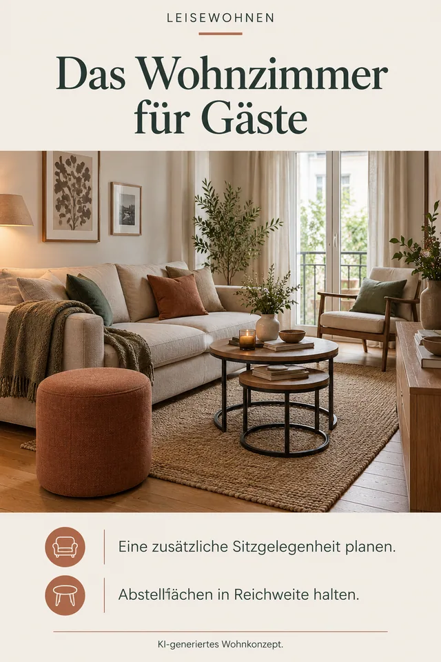 KI-generiertes Einrichtungskonzept: Das Wohnzimmer für Gäste. Eine zusätzliche Sitzgelegenheit planen. Abstellflächen in Reichweite halten.