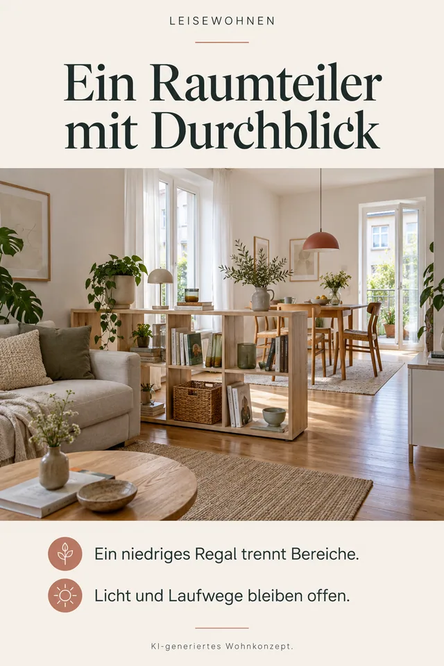 KI-generiertes Einrichtungskonzept: Ein Raumteiler mit Durchblick. Ein niedriges Regal trennt Bereiche. Licht und Laufwege bleiben offen.
