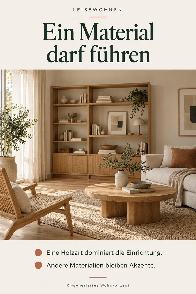 KI-generiertes Einrichtungskonzept: Ein Material darf führen. Eine Holzart dominiert die Einrichtung. Andere Materialien bleiben Akzente.