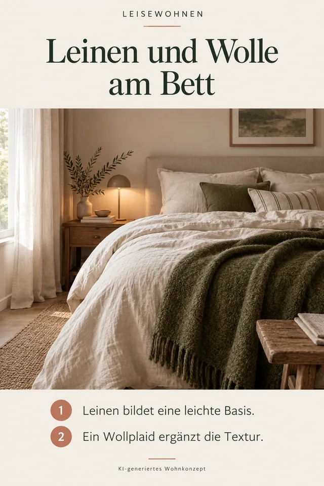 KI-generiertes Einrichtungskonzept: Leinen und Wolle am Bett. Leinen bildet eine leichte Basis. Ein Wollplaid ergänzt die Textur.