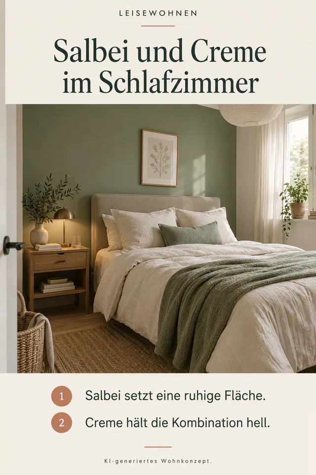 KI-generiertes Einrichtungskonzept: Salbei und Creme im Schlafzimmer. Salbei setzt eine ruhige Fläche. Creme hält die Kombination hell.