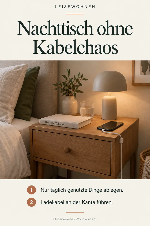 KI-generiertes Einrichtungskonzept: Nachttisch ohne Kabelchaos. Nur täglich genutzte Dinge ablegen. Ladekabel an der Kante führen.
