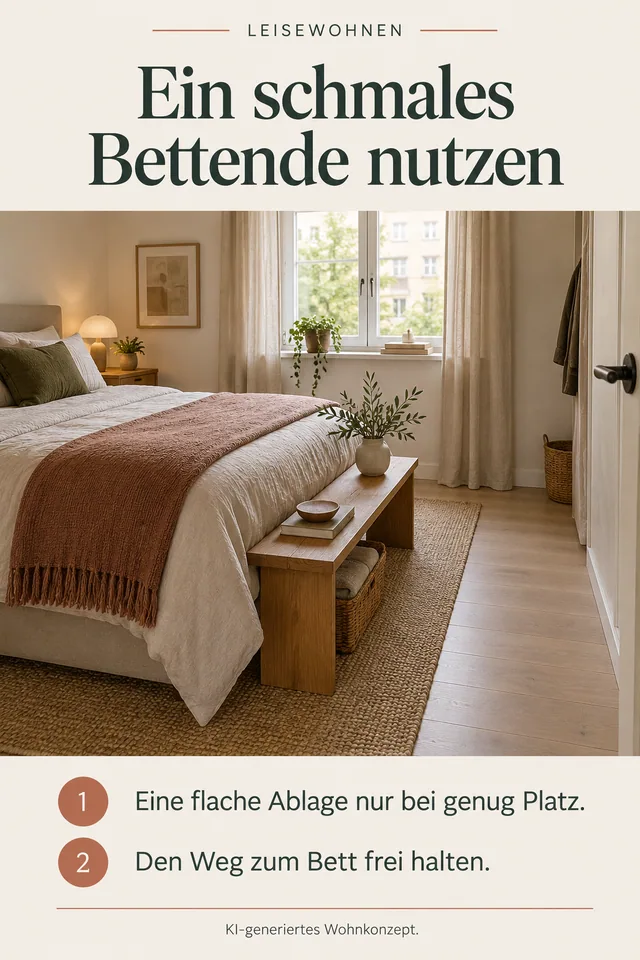 KI-generiertes Einrichtungskonzept: Ein schmales Bettende nutzen. Eine flache Ablage nur bei genug Platz. Den Weg zum Bett frei halten.