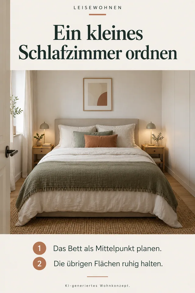 KI-generiertes Einrichtungskonzept: Ein kleines Schlafzimmer ordnen. Das Bett als Mittelpunkt planen. Die übrigen Flächen ruhig halten.