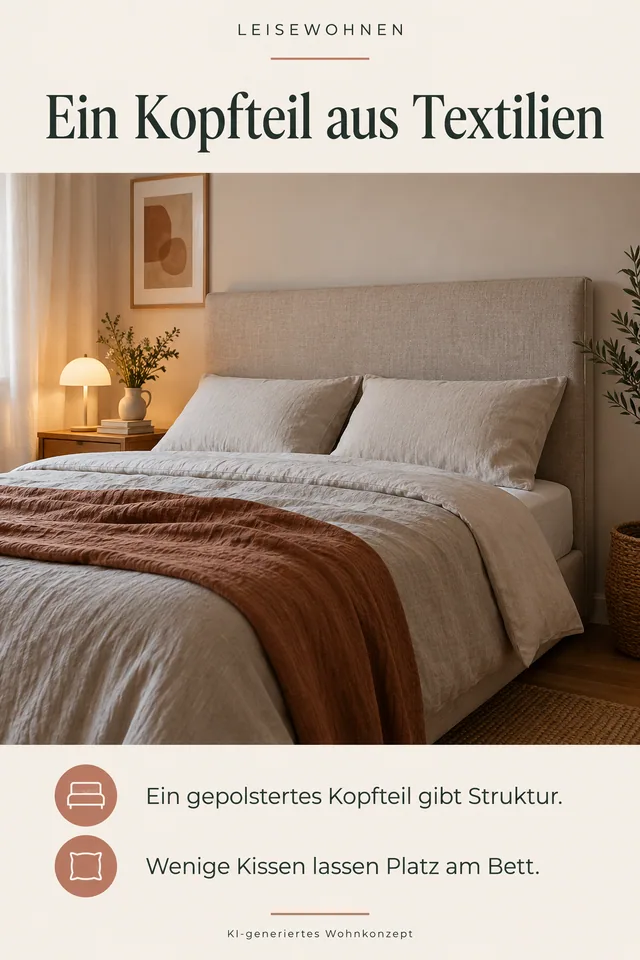 KI-generiertes Einrichtungskonzept: Ein Kopfteil aus Textilien. Ein gepolstertes Kopfteil gibt Struktur. Wenige Kissen lassen Platz am Bett.