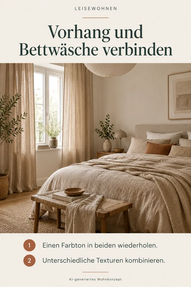 KI-generiertes Einrichtungskonzept: Vorhang und Bettwäsche verbinden. Einen Farbton in beiden wiederholen. Unterschiedliche Texturen kombinieren.