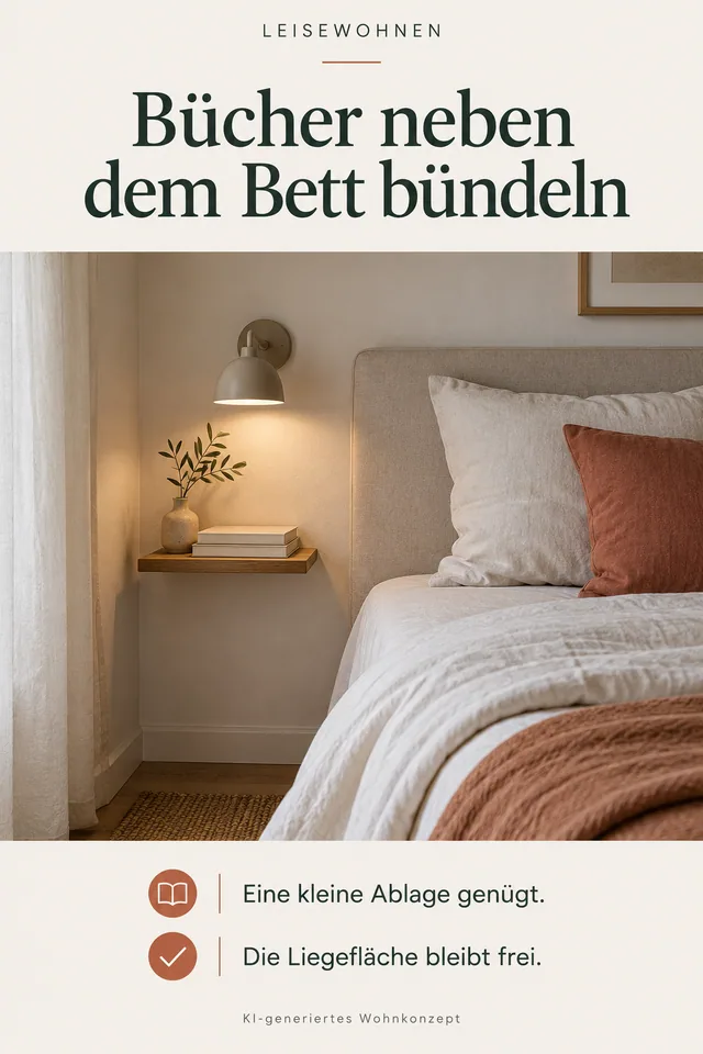 KI-generiertes Einrichtungskonzept: Bücher neben dem Bett bündeln. Eine kleine Ablage genügt. Die Liegefläche bleibt frei.