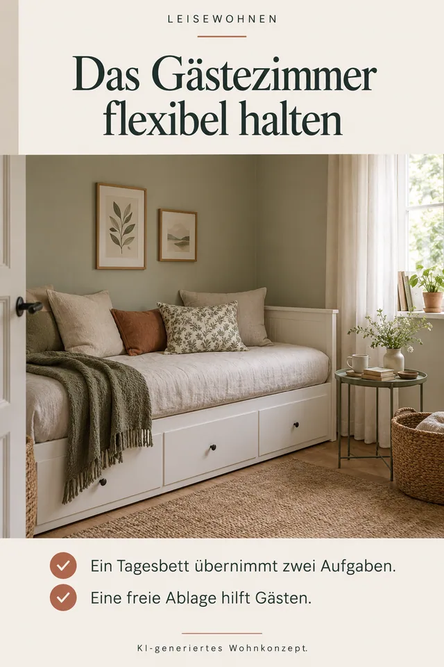 KI-generiertes Einrichtungskonzept: Das Gästezimmer flexibel halten. Ein Tagesbett übernimmt zwei Aufgaben. Eine freie Ablage hilft Gästen.