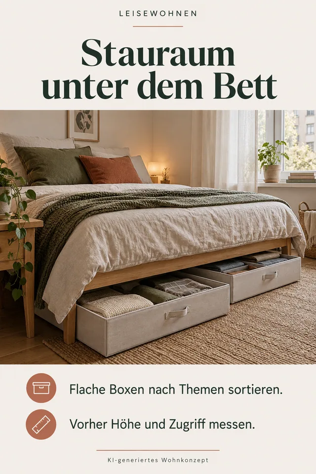 KI-generiertes Einrichtungskonzept: Stauraum unter dem Bett. Flache Boxen nach Themen sortieren. Vorher Höhe und Zugriff messen.