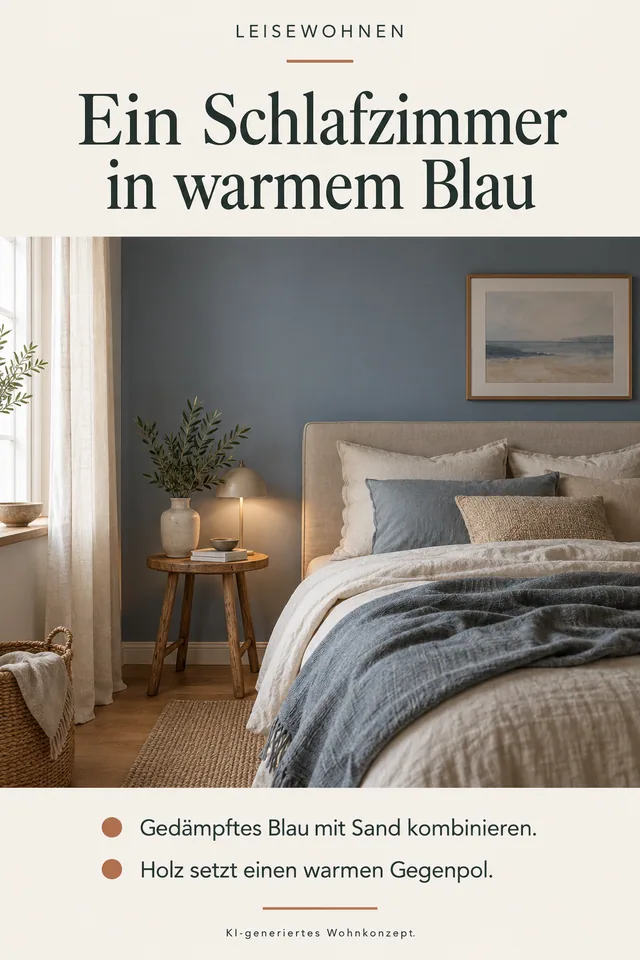 KI-generiertes Einrichtungskonzept: Ein Schlafzimmer in warmem Blau. Gedämpftes Blau mit Sand kombinieren. Holz setzt einen warmen Gegenpol.