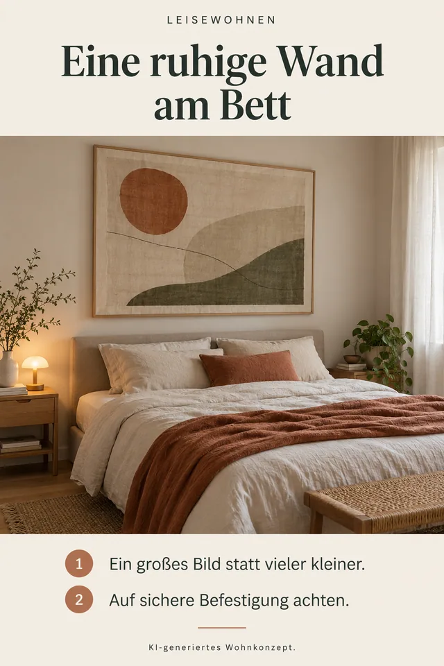 KI-generiertes Einrichtungskonzept: Eine ruhige Wand am Bett. Ein großes Bild statt vieler kleiner. Auf sichere Befestigung achten.
