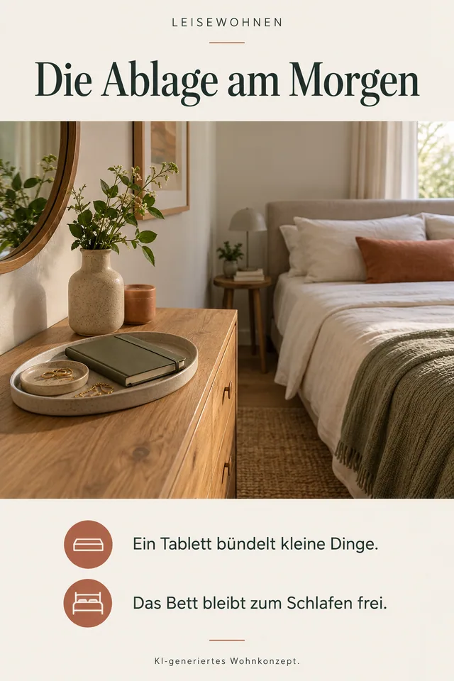 KI-generiertes Einrichtungskonzept: Die Ablage am Morgen. Ein Tablett bündelt kleine Dinge. Das Bett bleibt zum Schlafen frei.