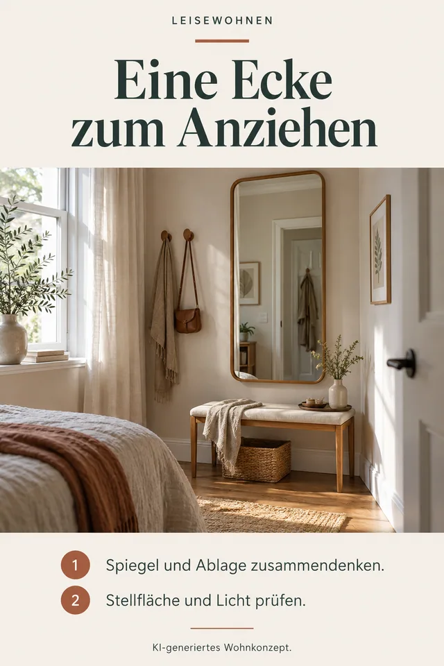 KI-generiertes Einrichtungskonzept: Eine Ecke zum Anziehen. Spiegel und Ablage zusammendenken. Stellfläche und Licht prüfen.