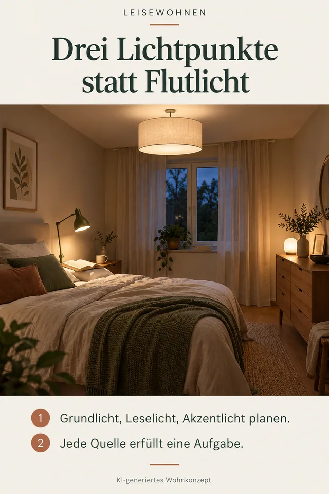 KI-generiertes Einrichtungskonzept: Drei Lichtpunkte statt Flutlicht. Grundlicht, Leselicht, Akzentlicht planen. Jede Quelle erfüllt eine Aufgabe.