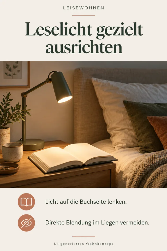 KI-generiertes Einrichtungskonzept: Leselicht gezielt ausrichten. Licht auf die Buchseite lenken. Direkte Blendung im Liegen vermeiden.