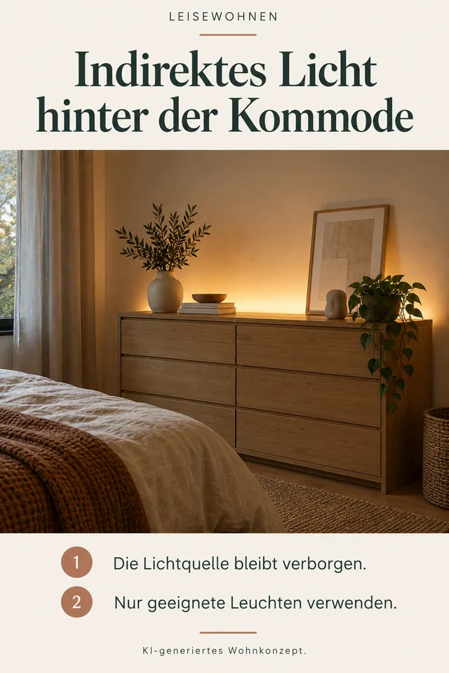 KI-generiertes Einrichtungskonzept: Indirektes Licht hinter der Kommode. Die Lichtquelle bleibt verborgen. Nur geeignete Leuchten verwenden.