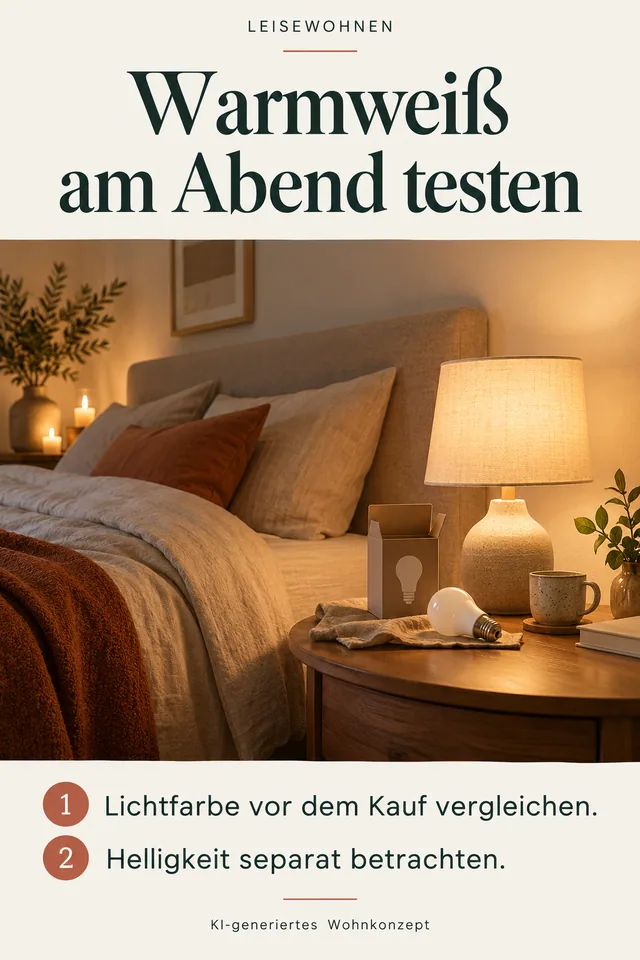 KI-generiertes Einrichtungskonzept: Warmweiß am Abend testen. Lichtfarbe vor dem Kauf vergleichen. Helligkeit separat betrachten.
